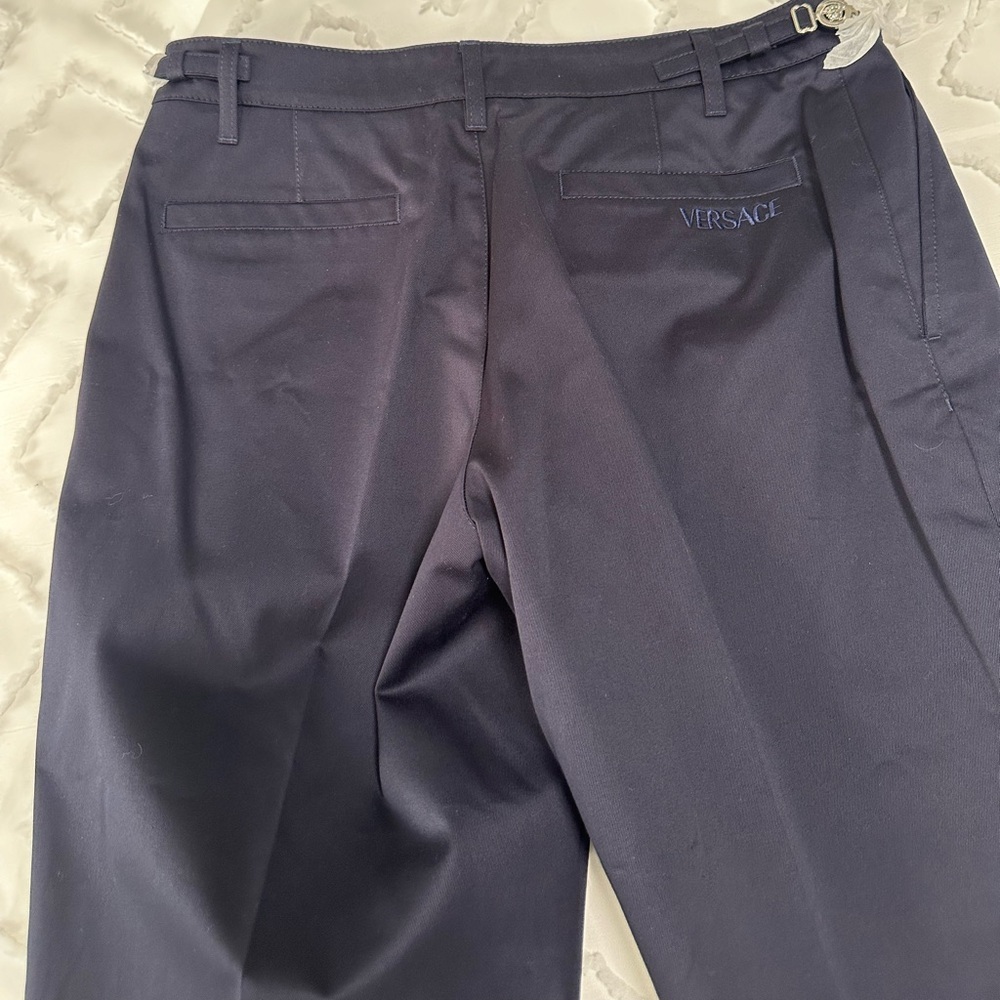 Versace Cotton Gabardine Pants 
Size: IT 52 (36)
Colour: Navy Blue